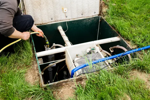 Closeup of a Septic System, With a Septic Technician Cleaning the Septic Tank Filter