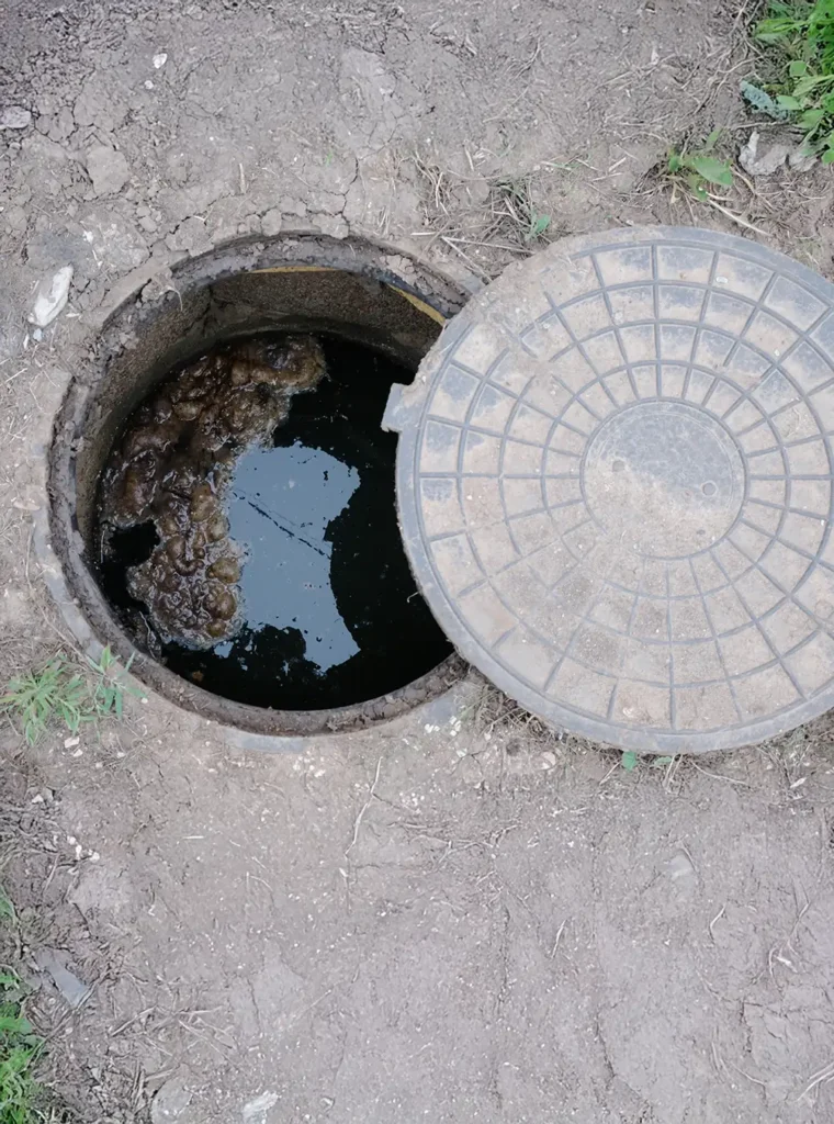 A partially open septic tank lid reveals murky wastewater inside the tank. Regular septic maintenance can help prevent overflow and backups. Contact Puget Sound Septic for professional services.