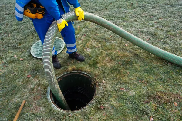 A septic worker emptying a home’s septic tank. Additive septic enzymes may be beneficial to certain septic systems, but are no substitute for regular septic maintenance.