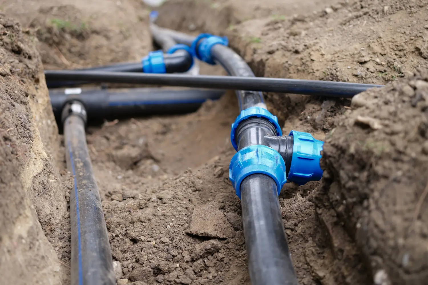 Closeup of septic drip distribution piping