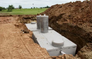 a septic tank dug into the ground, about to be covered up
